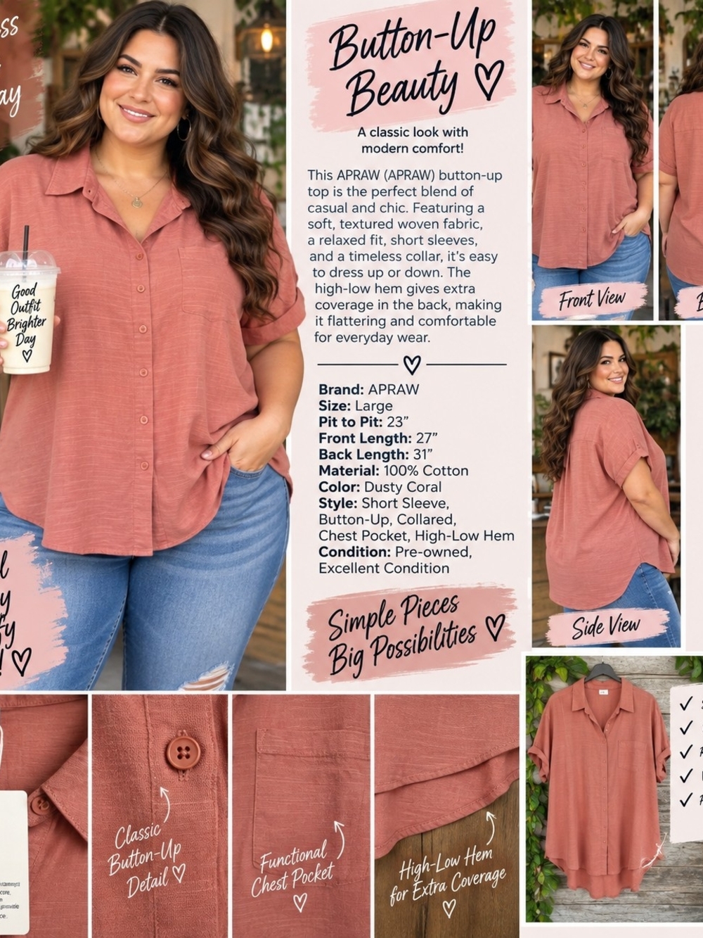 P147 🍂 Coral Comfort Button-Up Beauty 🍂